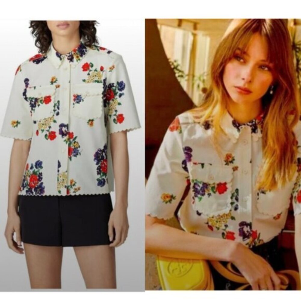 Tory Burch Blouse Twill Safari Top Button Down in Ivory Tea Rose